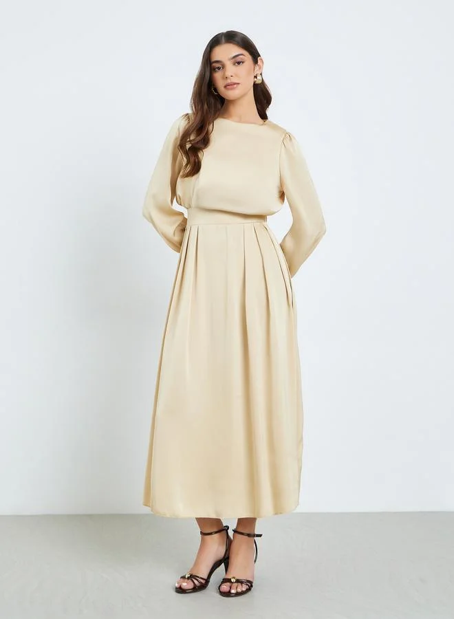 Styli Women Beige Pleated A-Line Maxi Dress